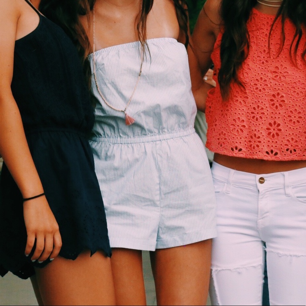 Light blue and white striped strapless romper